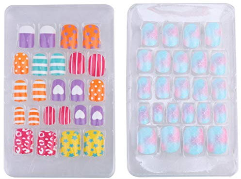 Lurrose Kids False Nail Press on Pre-glue Full Cover Acrylic Artificial False Nail Tips for Kids Girls 2 Boxes