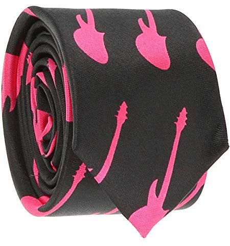 Cravate Guitare Noire et Rose - Cravate Homme Originale Thème Musique Rock - Motif Fantaisie Rose Fushia sur Fond Noir