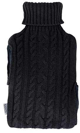 LIVIVO 2L Hot Water Bottle with Insulating Cover and Pockets for Hands - Keep Cosy and Warm (Black Knit)