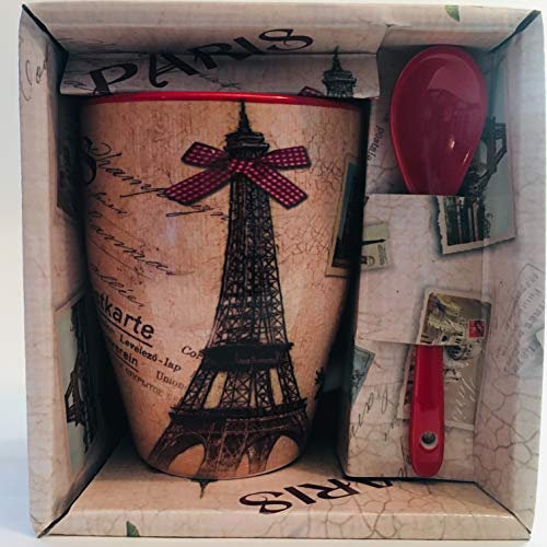 Vianaya Tasse Paris Eiffelturm und andere Sehenswürdigkeiten aus Paris – Motiv rote Schleife – mittlere Größe 10,5 cm mit Löffel – Satinoptik