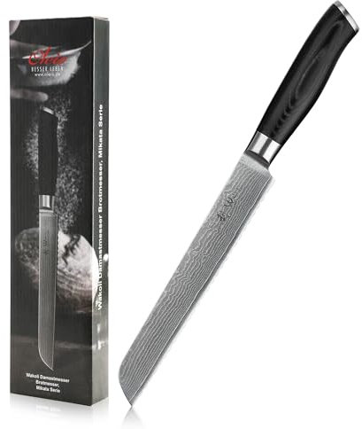 Wakoli Mikata Damast Brotmesser I 20 cm Klinge aus 67 Lagen I Damastmesser Küchenmesser und Profi Kochmesser aus echtem Damaststahl mit Micarta Griff