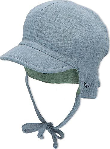 Sterntaler Schirmmütze Nacken Wende - Jungen Mütze zum Wenden mit kleinem Nackenschutz - UV-Schutz 50 Sonnenhut zum Binden - Baby und Kinder Kopfbedeckung aus Musselin (Bio) - graublau, Größe 39