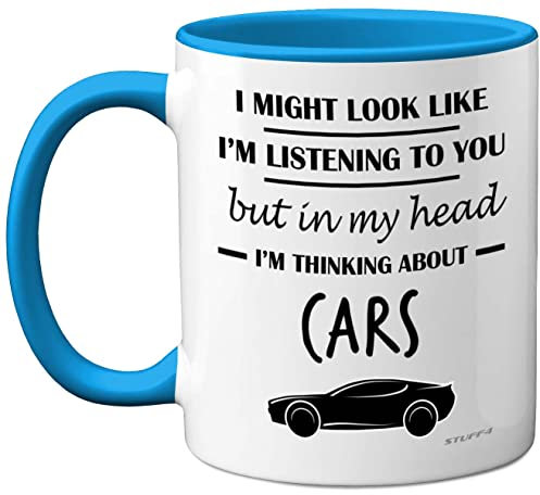 Stuff4 Gifts for Car Enthusiasts - in My Head I'm Thinking About Cars - Funny Classic Mug, Gifts for Lovers, Petrol Head 11oz Ceramic Dishwasher Safe Premium Blue Handle Mugs