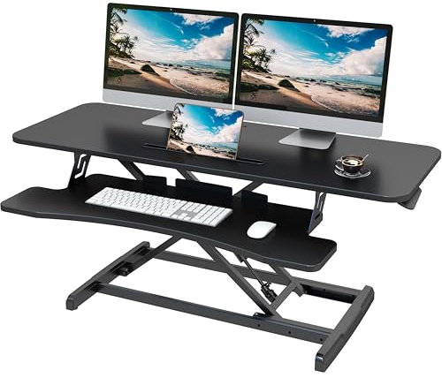Lubvlook Standing Desk Converter, 42/106cm Wide Height Adjustable Sit Stand Desk Riser for Dual Monitors with Keyboard Tray, Black