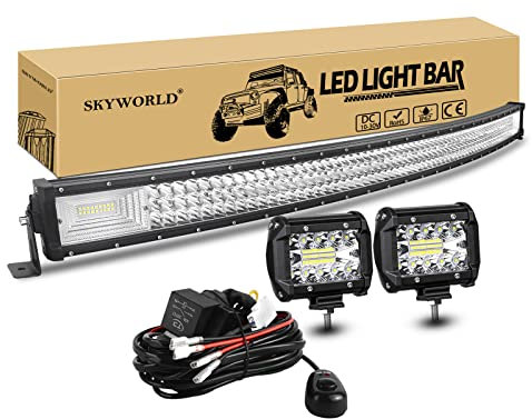 SKYWORLD 127cm 648W LED Arbeitsscheinwerfer Bar Gebogen Led Lichtleiste Offroad beleuchtung, 2x 10cm 60W Led Zusatzscheinwerfe mit 12V kabelbaum kit für Auto SUV ATV UTV LKW 4x4 Nebelscheinwerfer
