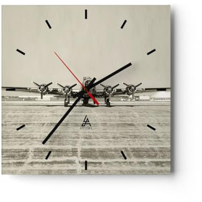 Modern Wanduhr Flugzeug alt Bomber 40x40cm Quadrat Groß Wand Uhr Glas Analog Zimmeruhren Küche Büro Wohnzimmer Glasuhr Wall Clock Dekoration Design Wanddekoration Küchenuhr C3AC40x40-4184