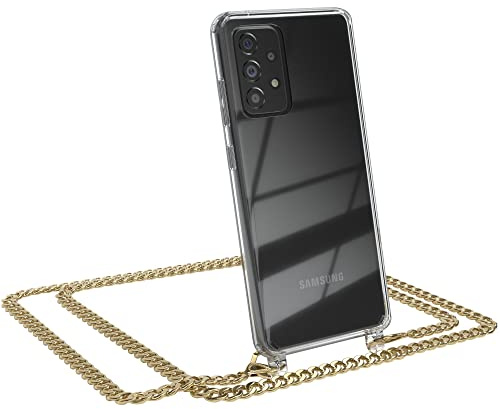 EAZY CASE Handykette kompatibel mit Galaxy A52 Handyhülle mit Metall Umhängeband und Ersatz Kordel schwarz, Handykordel mit Schutzhülle, Stylische Kette, Metall - Gold