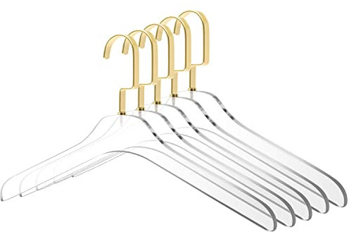 Lucite Kleiderbügel aus transparentem Acryl, stilvoller Kleiderbügel mit silberfarbenem Haken, Kleiderbügel für Kleid, Anzug, Erwachsenen-Schrank-Organizer, Kleiderbügel, mattgold, 5 Stück