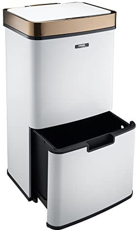 Cooks Professional Recycling Sensor Bin 75L with Dual Compartments and Removable Food Caddy for Kitchen | Smart Automatic Brushed Stainless Steel Bins | White & Copper