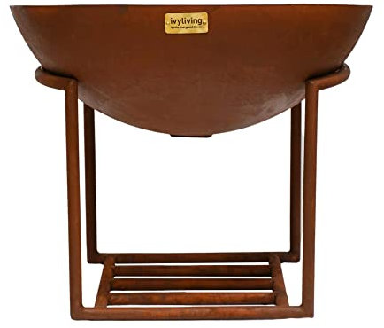 Ivyline Round Cast Iron Fire Pit in Rust with Geometric Stand - UV Stable & Contemporary Outdoor Firepit - H49 x W80cm