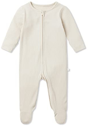 MORI Ribbed Clever Zip Sleepsuit in Bamboo & Organic Cotton, Multiple Sizes | Concealed double-directional zipper ensures quick nighttime diaper changes, with fold-over scratch mitts up to 9 months.