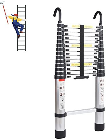 Telescopic Ladder 4.4M/14.4FT, Aluminum Extension Ladder with 2 Detachable Hooks, Multi-Purpose Folding Ladder Portable Collapsible Ladder for Household and Outdoor Working, 330lb Capacity