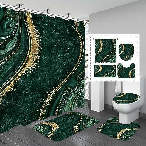 Gibelle 4 Pcs Luxury Marble Shower Curtain Set with Non-Slip Rugs, Toilet Lid Cover and Bath Mat, Gold Foil Emerald Green Bathroom Decor Set with Shower Curtain and Rugs and Accessories