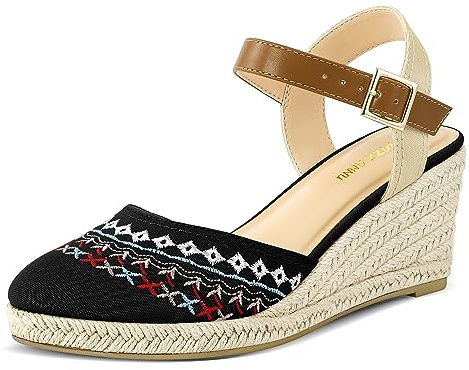 PIZZ ANNU Womens Wedge Sandals Canvas Ladies Espadrilles Summer Elegant Buckle Mid Heel Platform Closed Toe Shoes Black Embroidery Size 6