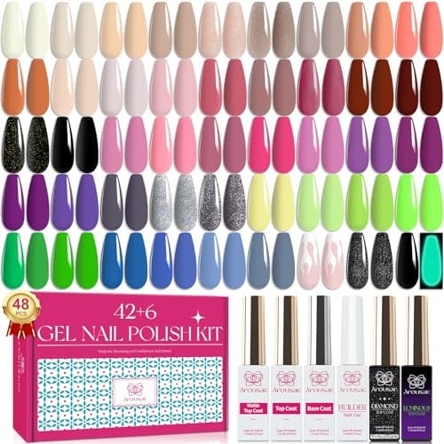 Arousar Gel Nagellack Set - 48 Stück 7.3ml Neo Farben für UV Lampe, Herbstnägel in Grün, Orange, Schwarz, Rot für Schöne Langanhaltende Nägel, Polish für Professionelle Anfängerin