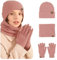 MARUKO Femme Tricotés Ensemble d'hiver Bonnet écharpe Gants d'écran Tactile 3 en 1, Doublure Molleton Doux Bonnet tricoté Chaud Cache-Cou Extensible Gants tactiles à 2 Doigts pour Femme (Rose)