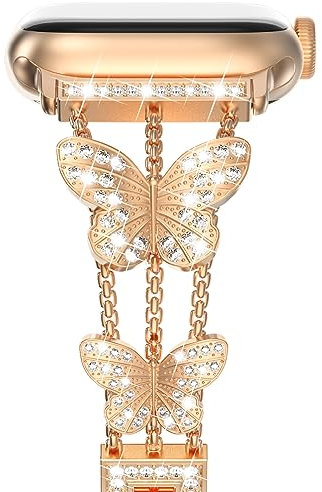 NewWays Compatible avec Apple Watch Bracelet 42 mm, 44 mm, 45 mm Series 8/7/6/SE/5/4/3/2/1 pour femme, bracelet de rechange fin en acier inoxydable diamant pour iWatch, or rose