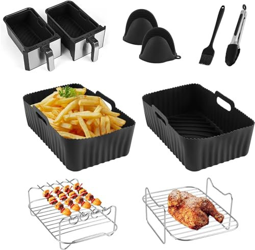 CINEMON 8 Stück Heißluftfritteusen Zubehör, Silikonform für Heißluftfritteuse für Ninja AF300EU/ AF400EU, Dual Airfryer Zubehör mit Heißluftfritteuse Grillpfanne, Backpapier etc