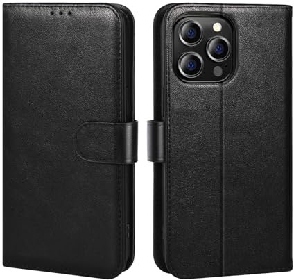 LETREEN Handyhülle für iPhone 15 Pro Max Hülle, Schutzhülle für iPhone 15 Pro Max 6,7 Zoll, Premium Echtleder Wallet Flip Case 【RFID Schutz】 Standfunktion Kartenfach Klapphülle - Schwarz