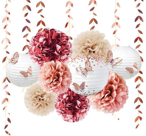 ZYOOO 18 Stück Rose Party Deko Set - Seidenpapier Pompons,3D Schmetterlings,Blätter Girlande,Papierlaterne Dekoration für Mädchen Geburtstagsdeko,Bride to Be,Hochzeit
