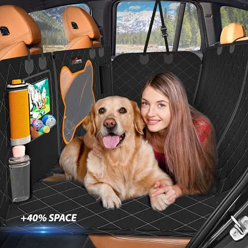 LOYA CRAFTS Pet Backseat Extender for Dogs, 600D Fabric Hard Bottom Dog Hammock for Car Back Seat Holds 500lbs, Waterproof, Car Back Seat Cover for Dogs w/Mesh Window, 6 Storage Pocket (Black)