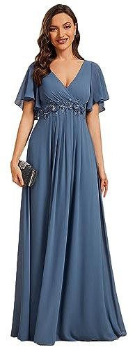 Ever-Pretty Women's Chiffon V Neck Short Sleeves Appliques Bridesmaid Dressses Evening Dresses Dusty Navy 16UK