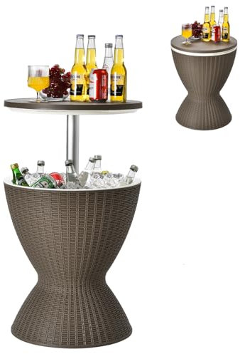 SOARS 3 in 1 Cool Bar höhenverstellbar, 30L Kühlbox in Rattanoptik, Beistelltisch mit abnehmbarem Deckel & Ablassöffnung, Getränkekühler bis 75kg belastbar, zum Kühlen von Bier, Wein (Grau)
