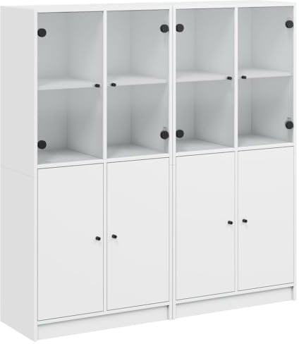 vidaXL Bücherschrank mit Türen, Bücherregal mit Stauraum, Standregal für Wohnzimmer Büro, Würfelregal, Modern, Weiß Holzwerkstoff Glas