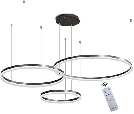 WayLuoung Metall LED Kronleuchter | 3 Kreise 20+40+60cm | 45W Rings Deckenhängelampe, Dimmbare Fernbedienung 3000–6000K, Acryl Schirm Pendelleuchte, Wohnzimmer Schlafzimmer Foyer Esszimmer【Schwarz】