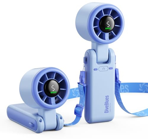Diveblues Turbo Handheld Fan, 9 m/s High Speed, 5-Level Wind, Rechargeable Battery Mini Fan, 3-in-1 Hand & Neck & Table Fan, up to 12 Hours, for Travel, Office & Outdoor Use