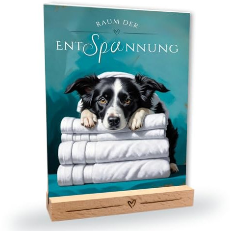 siviwonder Hundeschild Border Collie Entspannung Dog Schild Deko Badezimmer Holzständer Hund Geschenkidee lustiger Spruch Hundemotiv Aluminium Wetterfestes Hundeschild