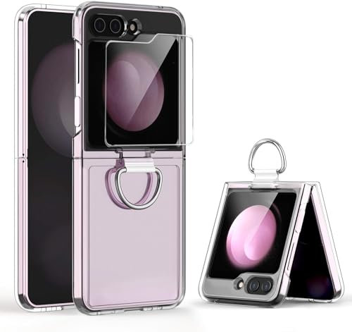 Z Flip 5 Hülle mit Ring,Samsung Galaxy Z Flip 5 Hülle mit Gehärtete Glas Front Schutzfolie [Anti-Vergilbung] Transparent Hart PC Stoßfest Handyhülle für Flip 5 5G Ständer Cover Case-Crystal Clear