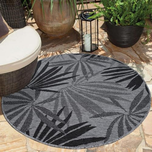 carpet city Outdoor Teppich Wetterfest 120 cm Rund - Grau-Anthrazit - Wendeteppich, Beidseitiges Florales Muster - Balkonteppich Wasserfest Outdoor - Terrassenteppich