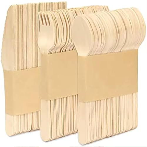 Generic Wooden Disposable Cutlery Set 300Pcs 100% Birch Wood Biodegradable Compostable 100 Forks 100 Spoons & 100 Knives Eco Friendly Ideal for Party Picnic Christmas & Home Daily Use