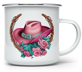 MAXIKIWI - Durable Enamel Coffee or Tea Camping Mug for Indoor Outdoor Use - Pink Cowgirl Hat with Roses - 350ml