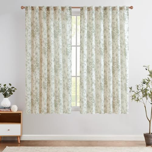 TOPICK Leinen Gardinen Floral Vorhänge mit verdeckten Schlaufen Lichtdurchlässig Bauernhaus Lang Gardinen Fensterschal für Wohnzimmer Schlafzimmer Fenster,2er Set 140 B x 145 H (cm),Grün auf Beige