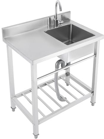 BJTDLLX Évier de cuisine autonome en acier inoxydable avec meuble bas 1 bac - Évier commercial avec robinet - Capacité de charge : 220,46 kg