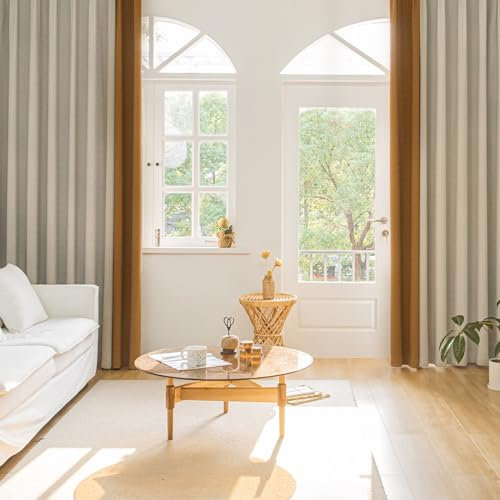 KnSam 2er Set Beige Hellbraun Vorhang Blickdicht Fenster, Fenstervorhänge Schlafzimmer Patchwork Zweifarbig, Chenille Ösen Vorhang Blickdicht Vintage, Jeder B 132 x H 214cm