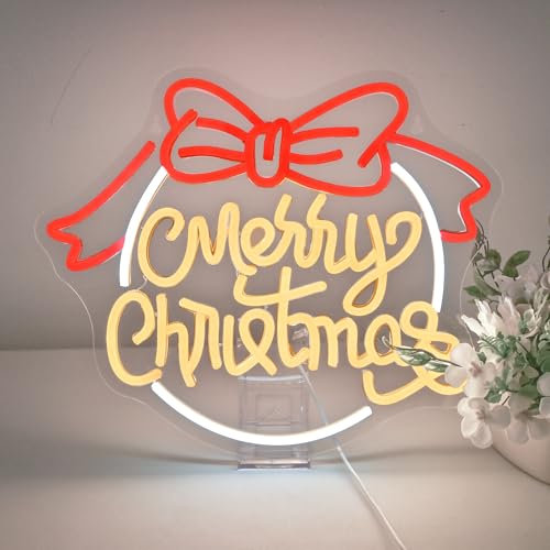 Panneau néon LED Joyeux Noël 14,17 x 11,8 pouces avec nœud pour décoration de Noël, alimenté par USB, luminosité réglable