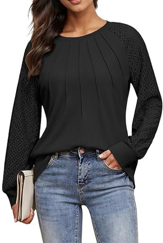 Timuspo Blusenshirt Damen Bluse Schwarz Mode Oberteile Herbst Rundhals Waffel Langarm Shirt Vorne Falten Basic Tunika mit Spitze Ärmel M