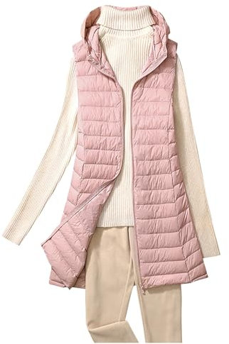RLEHJN Women's Gilets UK Mid-Length Body Warmer Zip Up Hooded Quilted Jackets Winter Plain Sleeveless Padded Coats Outdoor Long Gilet Longline Waistcoat Lightweight Overcoat with Pockets
