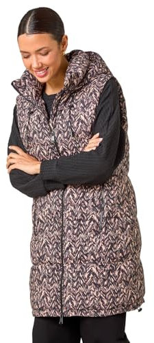 Roman Originals Quilted Gilet with Hood for Women UK Ladies Sleeveless Coat Hooded Jacket Padded Bodywarmer Winter Lightweight Warm Autumn Funnel Neck Longline Soft Bubbly - Black Multi - Size 18