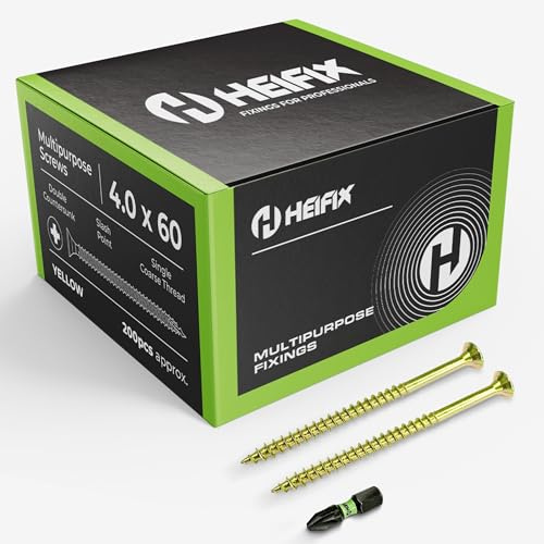 Heifix Multi-Purpose Wood Screws - FREE Screw Bit Included (QTY 1000, 4mm x 60mm) Pozi Double Countersunk
