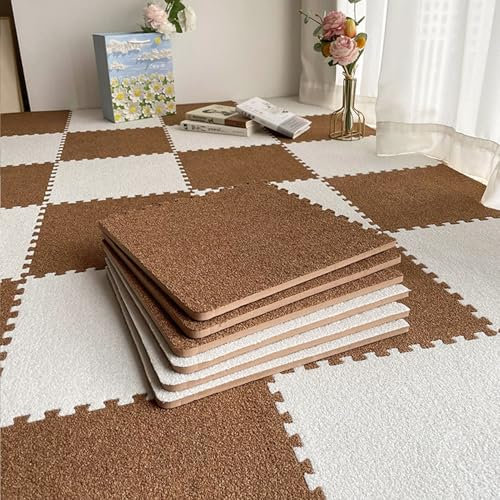 10PCS Plüsch-Puzzle-Bodenset, quadratisch, weich, dick, ineinandergreifende Teppichfliesen mit Rand, Rutschfester Spielmatten-Puzzle-Teppich, 30 x 30 cm(Dark Brown+White)