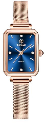 Taxau Blau Eckige Damenarmbanduhren Kleines Gesicht Elegant Armbanduhren für Damen Quadratisch Frauen Watches Damenuhr Kleines Gehäuse Klassisches Uhr Wasserdicht Damen Edelstahl Geschenke für Frauen