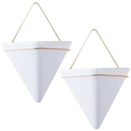 Jorzer 2PCS Wall Mounted Triangle Ceramic Hanging Planter, White, 17 x 11 cm, Indoor, Perfect for Succulents & Faux Plants