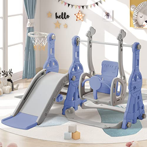 Scivolo per bambini per esterni, 4 in 1, con scivolo, altalena, cestino da basket e scaletta per arrampicata, scivolo indipendente, per interni ed esterni, per famiglia, giardino e parchi giochi