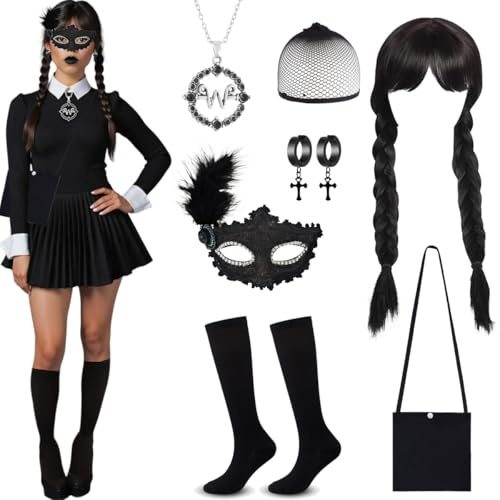 YuhoWon 7 Stück Halloween Kostüm Kinder Damen, Wednesday Gothic Cosplay Zubehör Set mit Perücke, Maske, Halskette, Ohrringe, Tasche & Socken für Karneval