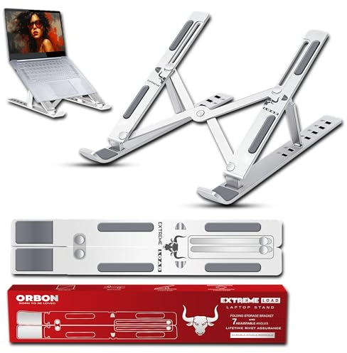 ORBON Extreme Load Laptop Stand Metal for Desk & Table – Adjustable Metal Laptop Table Stand for Bed, Cooling & Gaming – MacBook Compatible Holder, Vertical Laptop Stand for Work & Study | Silver