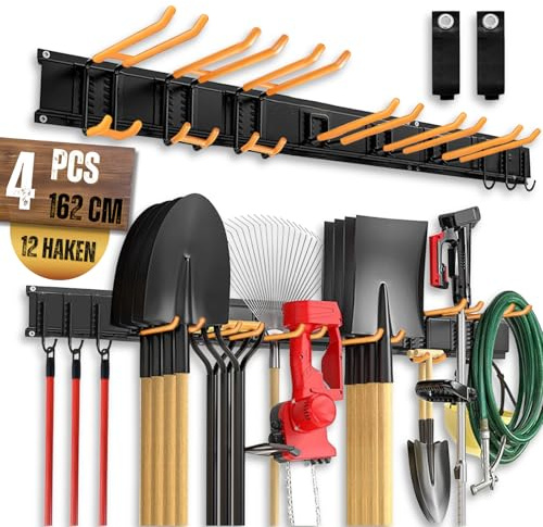 Rankomu Garagen Gerätehalter Verstellbar 162.4cm (4 Schienen) + 12 Haken mit Anti-Rutsch-Überzügen + 2 Tragegurte, Wandhalterung Gartengerätehalter für Garage, Werkstatt, Garten, Helm, Besen & Rechen